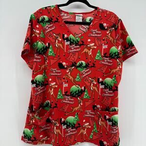 SCRUBSTAR-RUDOLPH Christmas Trees V-NECK Size XL Scrub Top for Holiday Red